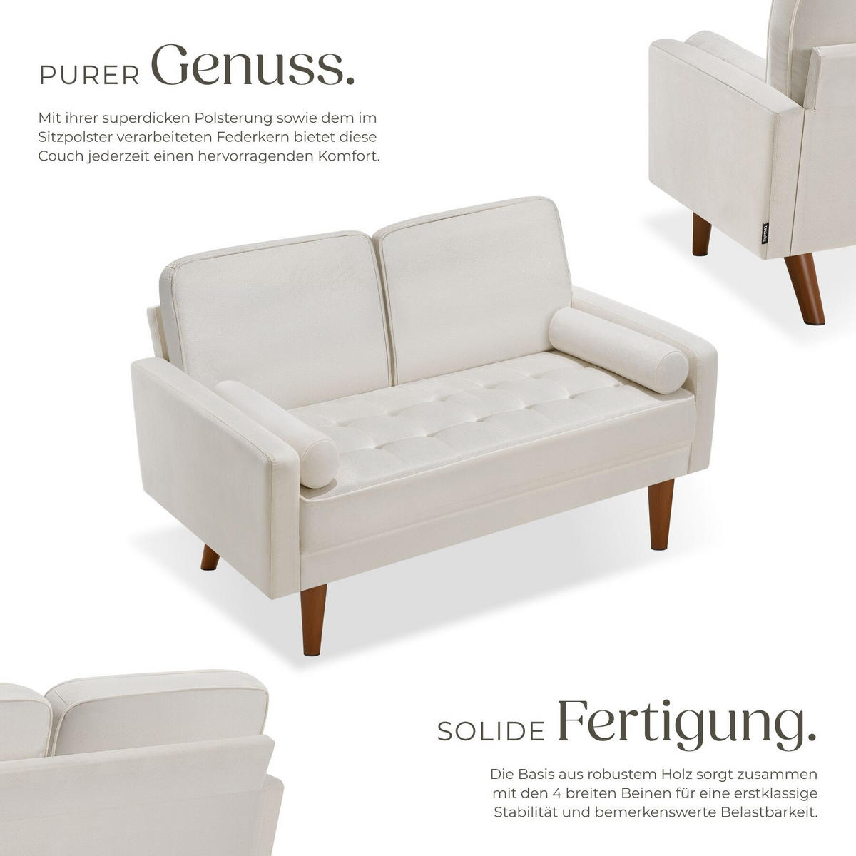 SOFA Skagen, 135 x 76 x 85 cm, Samtoptik creme - Creme/Braun, Kunststoff/Textil (135/85/76cm) - tectake