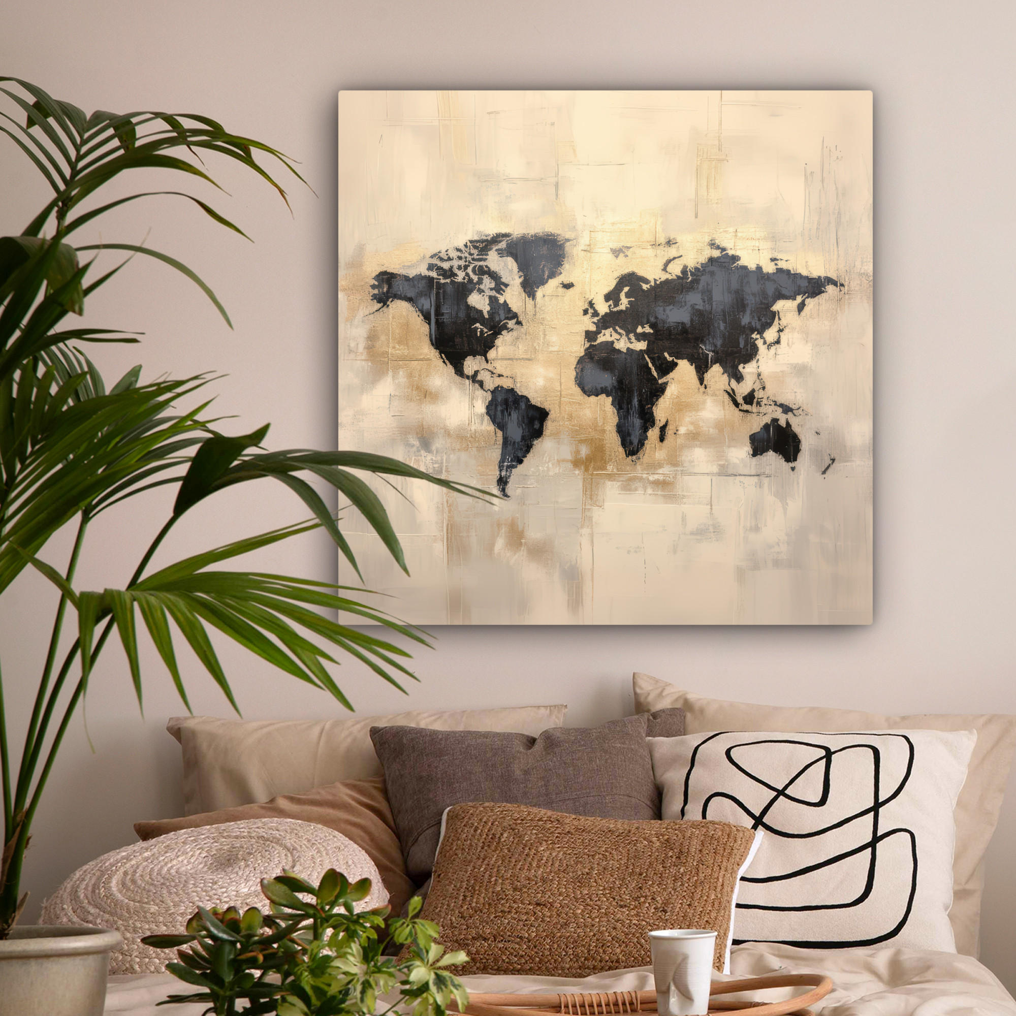 LEINWANDBILD Weltkarte - Gold - Schwarz - Abstrakt 90x90 cm - Kupferfarben, Textil (90/90cm) - MuchoWow