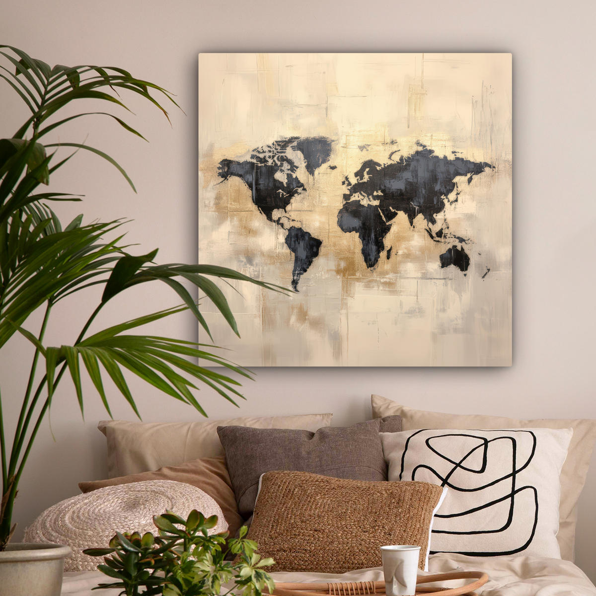 LEINWANDBILD Weltkarte - Gold - Schwarz - Abstrakt 90x90 cm - Kupferfarben, Textil (90/90cm) - MuchoWow