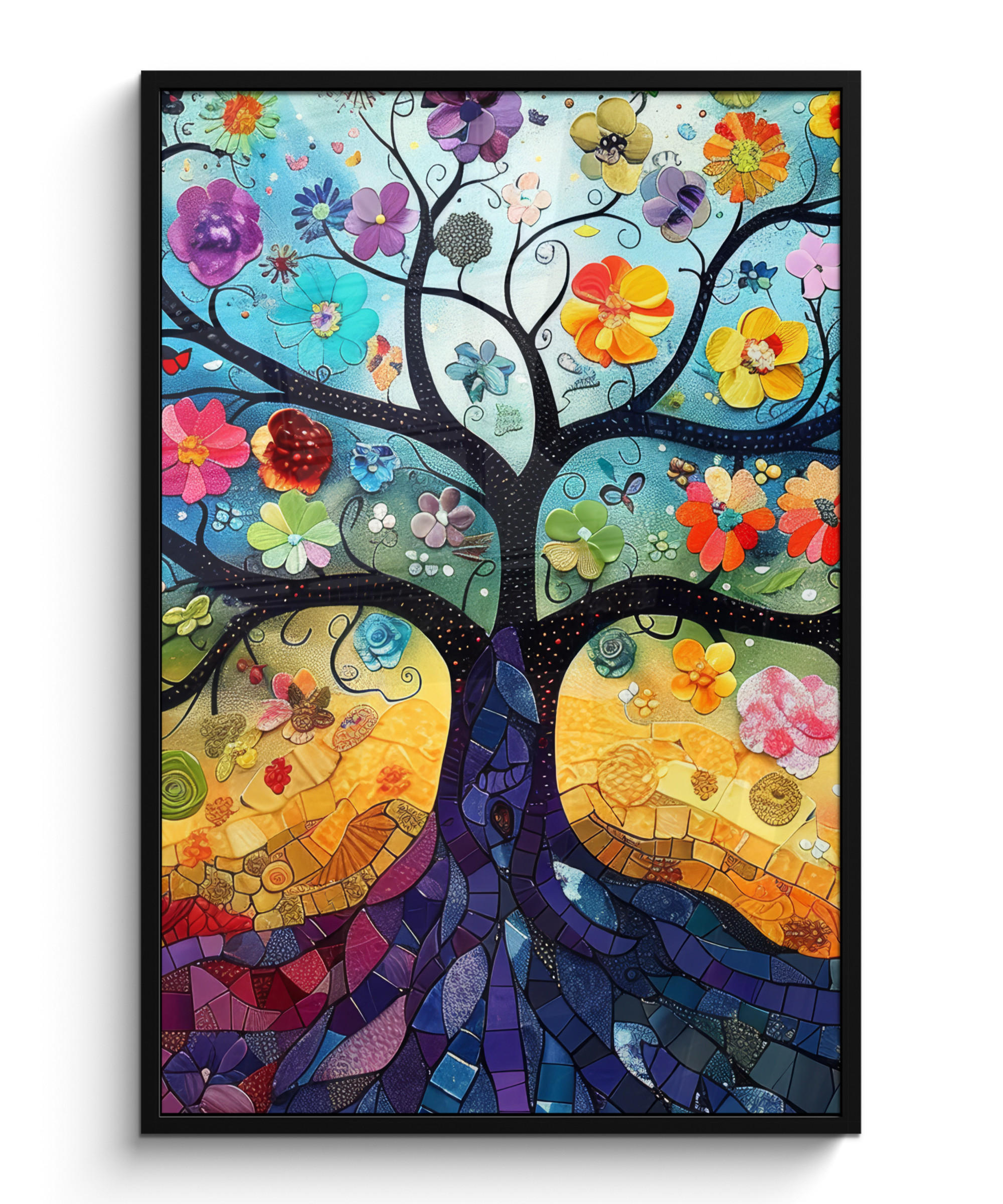 GERAHMTES BILD Kunst - Baum des Lebens - Blumen - Hippie 80x120 cm - Dunkelblau, Papier (80/120cm) - MuchoWow