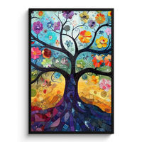 GERAHMTES BILD Kunst - Baum des Lebens - Blumen - Hippie 80x120 cm - Dunkelblau, Papier (80/120cm) - MuchoWow
