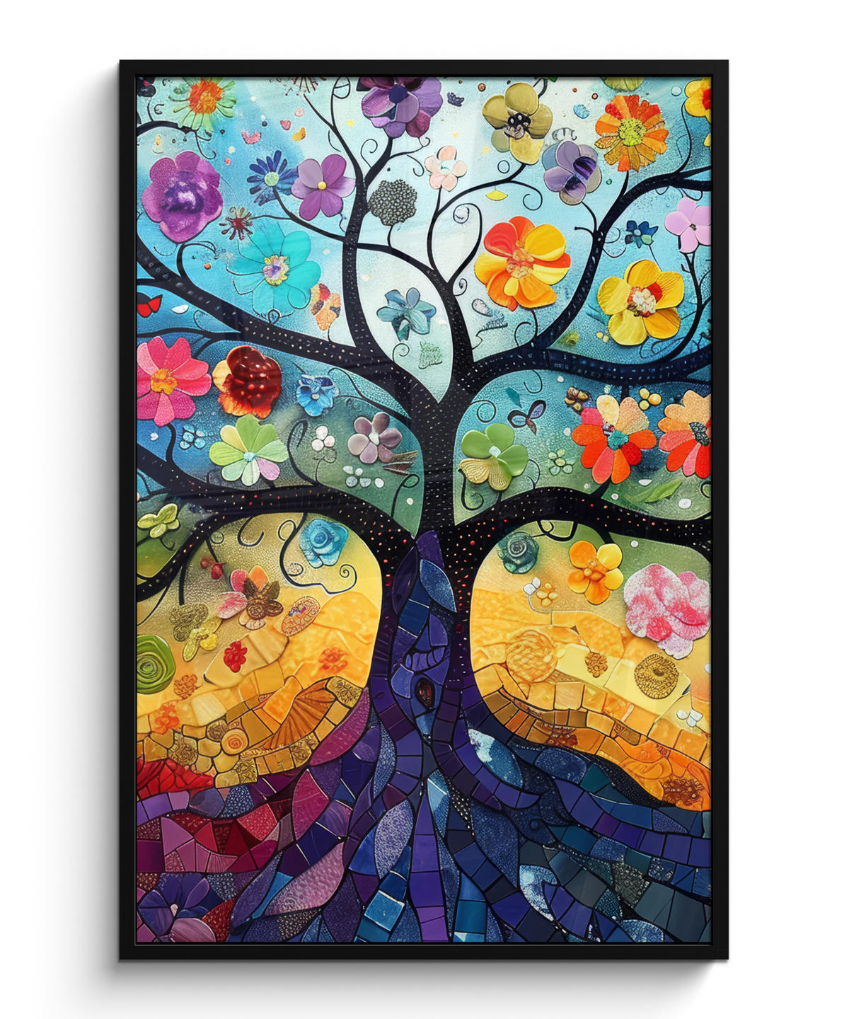 GERAHMTES BILD Kunst - Baum des Lebens - Blumen - Hippie 80x120 cm - Dunkelblau, Papier (80/120cm) - MuchoWow