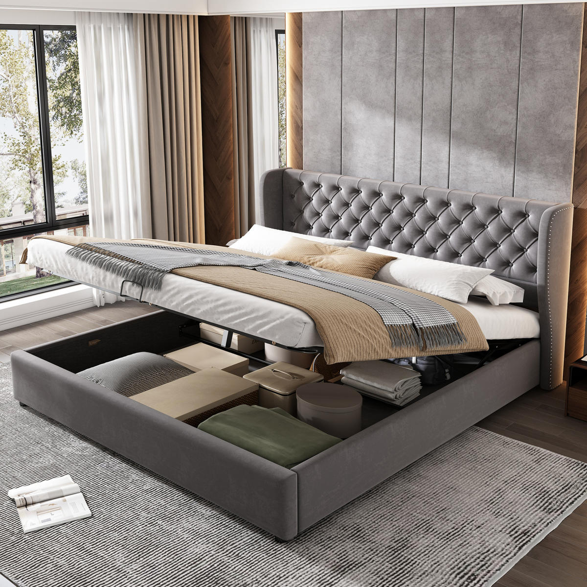 POLSTERBETT 160/200 cm Grau mit hydraulischem Bettkasten und Lattenrost - Grau, Textil (160/200cm) - OKWISH