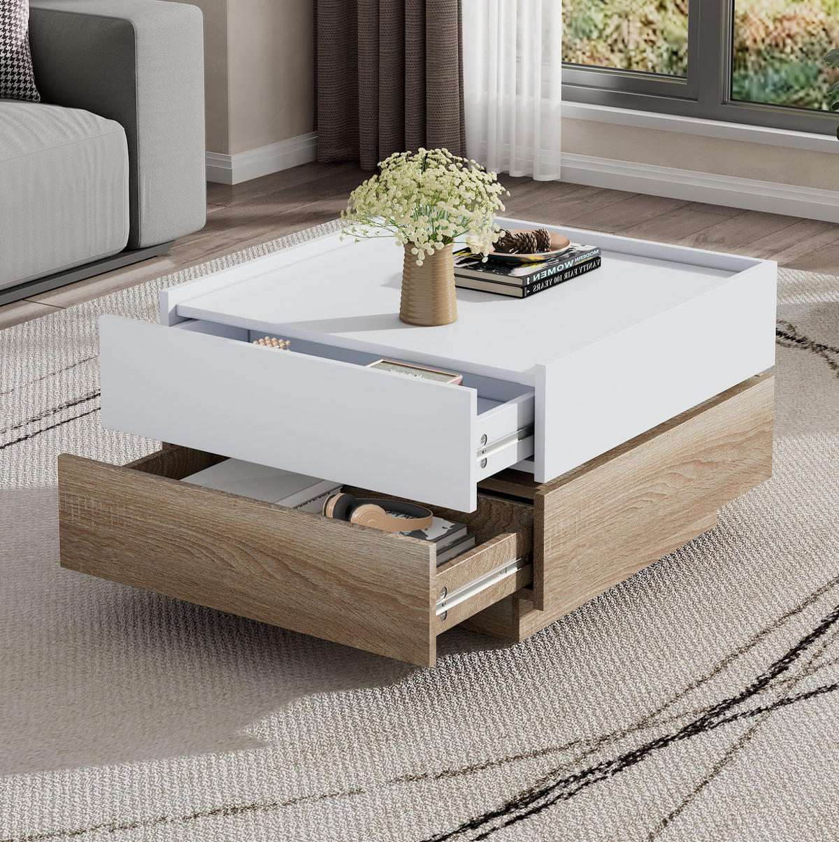 COUCHTISCH aus Spanplatte 60x60x38 cm in Weiß mit 360° Drehfunktion - Weiß, Holzwerkstoff (60/60/38cm) - Modfu