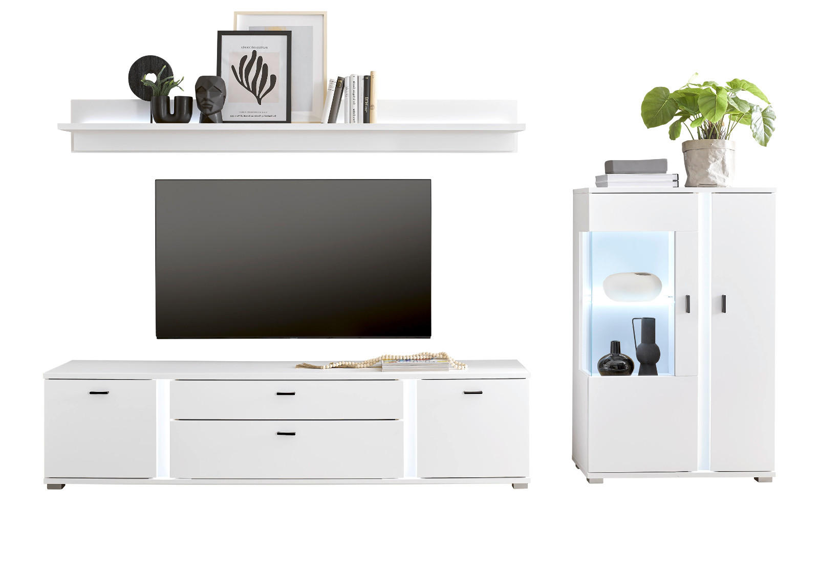 WOHNWAND weiß matt, Wohnkombination inklusive Frontbeleuchtung 290 cm - Weiß, Holzwerkstoff (290/170/42cm) - Furn.Design