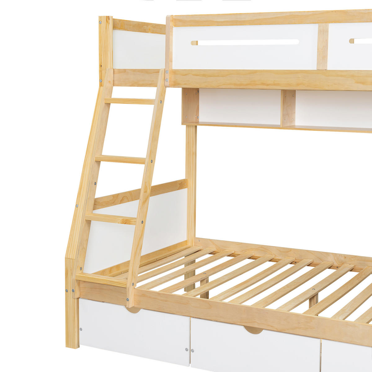 ETAGENBETT 90/200 cm & 120/200 cm in Weiß & Natur mit 3 Schubladen, Bücherregal und Trittleiter - Weiß/Naturfarben, Holz/Holzwerkstoff (90/200cm) - CHICFURN