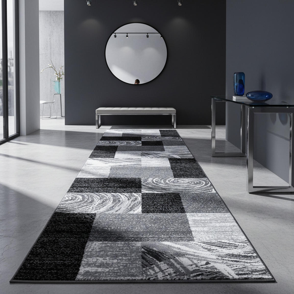 TEPPICH Handwäsche Kurzflor Abstrakte Karos Polypropylen Wohnzimmer Schwarz Läufer 80x300 - Schwarz, Textil (80/300cm) - KADIMA DESIGN