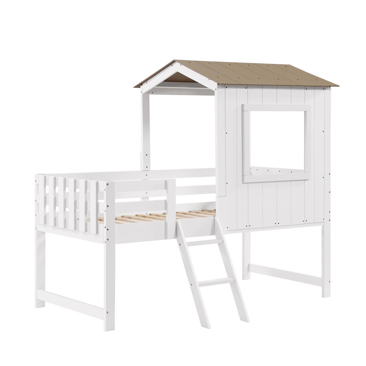 HAUSBETT 90/200 cm Weiß+Natur mit Dach, Fenster und Stauraum - Weiß, Holzwerkstoff (90/200cm) - OKWISH