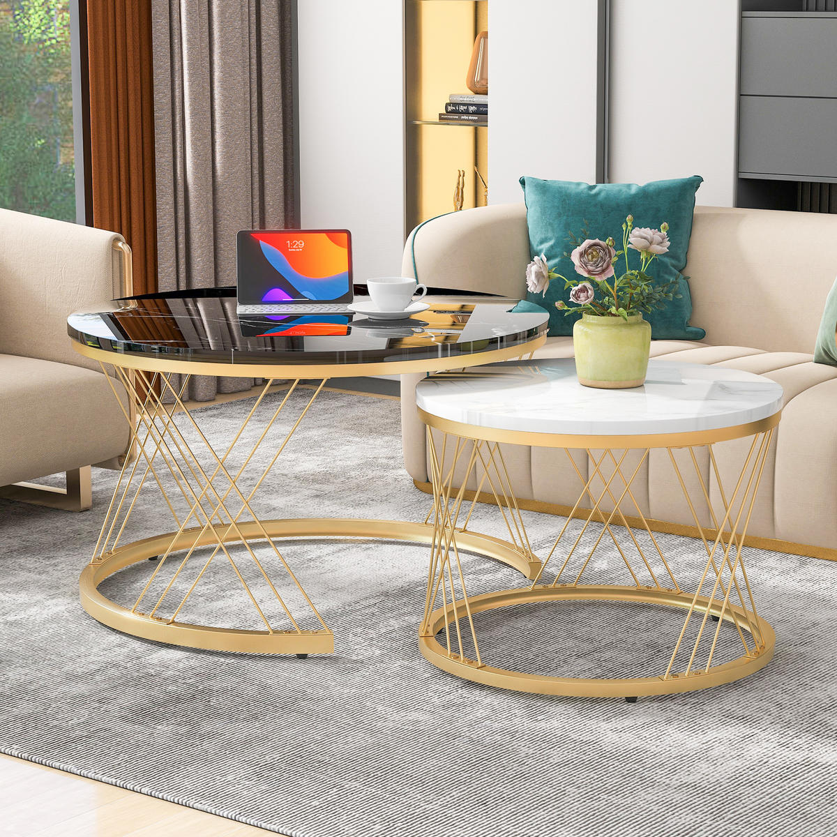 COUCHTISCH in Schwarz und Weiß Nesting-Kaffeetisch, Satz von 2, für Wohnzimmer, B70/T70/H45cm - Goldfarben/Schwarz, Holzwerkstoff/Metall (70/70/45cm) - STILVORA