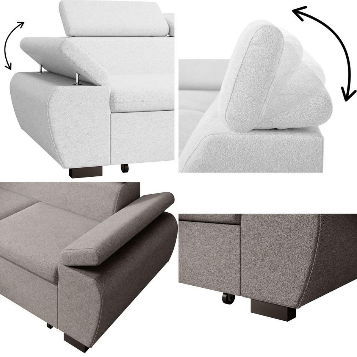 ECKSCHLAFSOFA Coco mit verstellbare Kopfstützen, grau, links - Grau, Textil (273/191cm) - Beautysofa