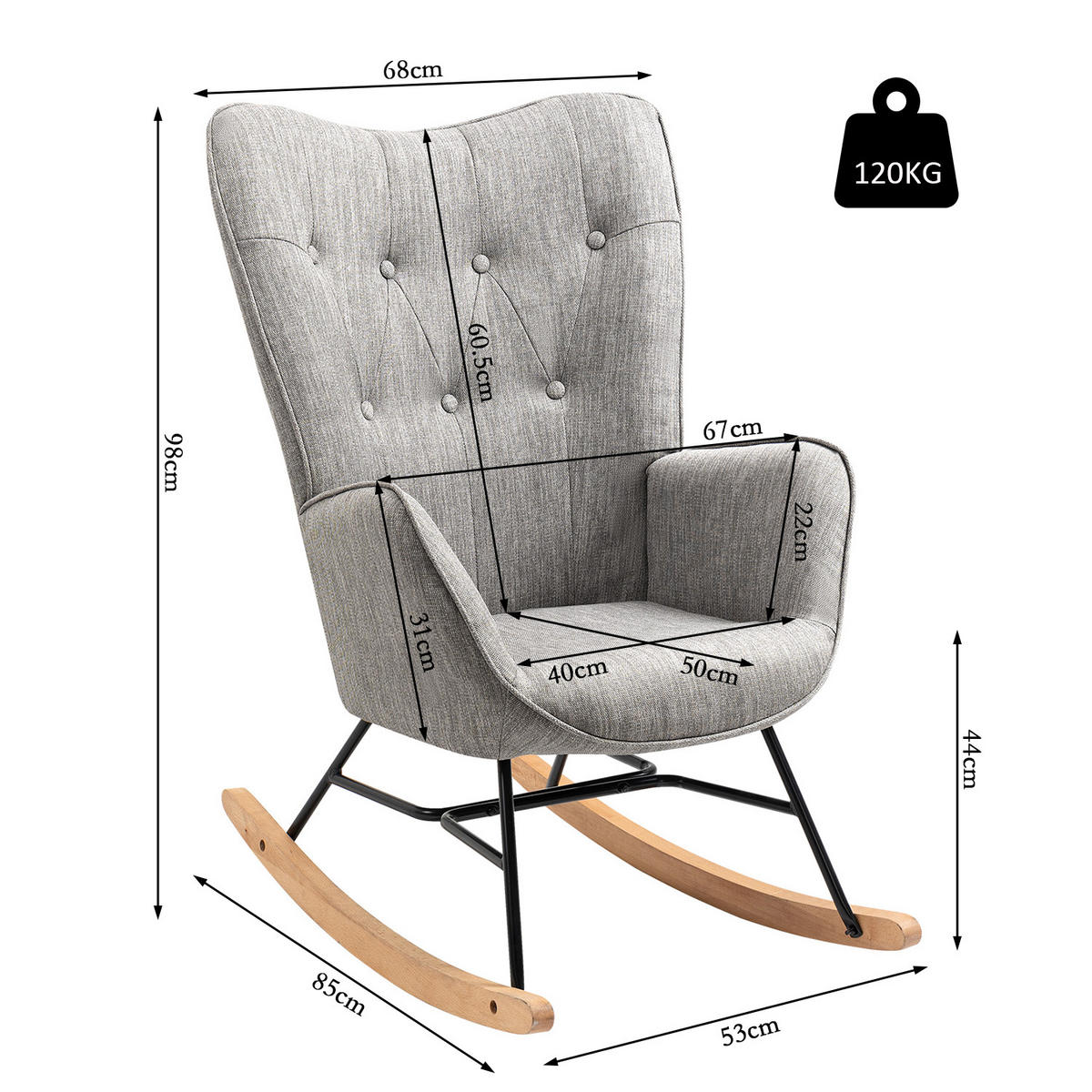 SCHAUKELSTUHL, Stoff, Hellgrau - Grau, Holz/Metall (53/98/85cm) - Meubles Cosy