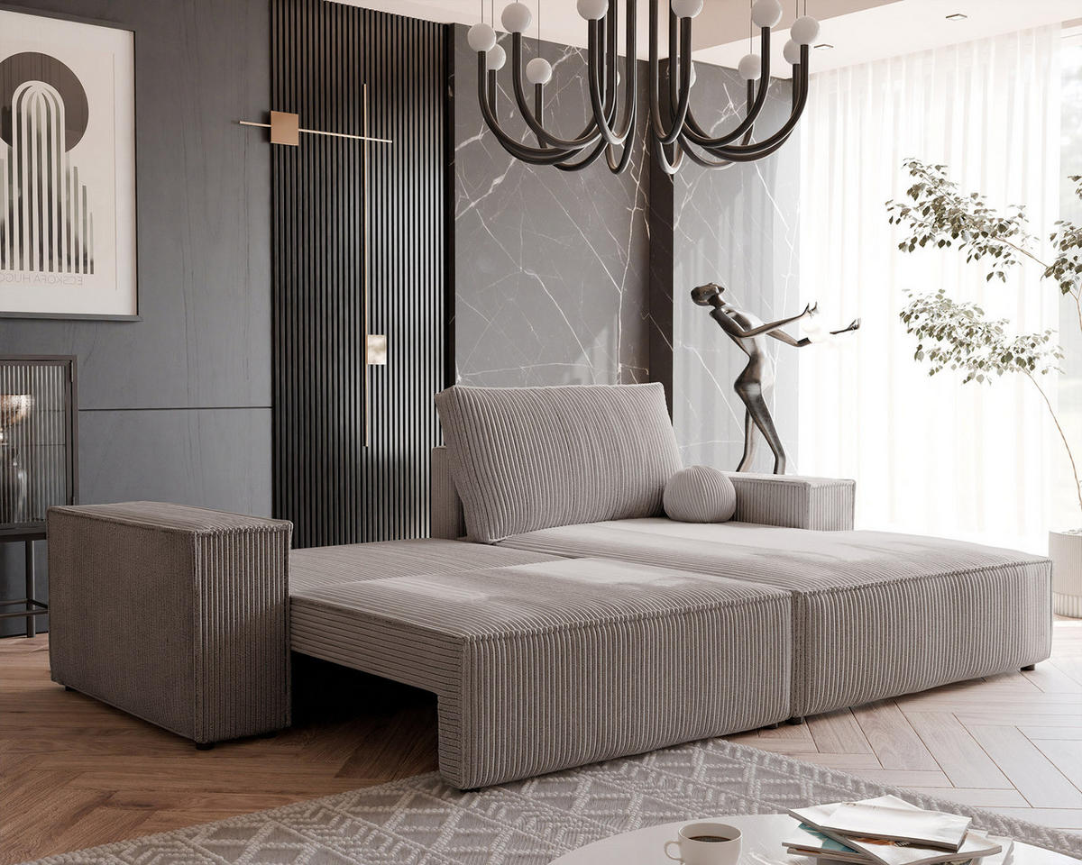 ECKSOFA HUGO Rechts, mit Schlaffunktion und Bettkasten, Beige - Beige, Textil (255/148cm) - Idohome