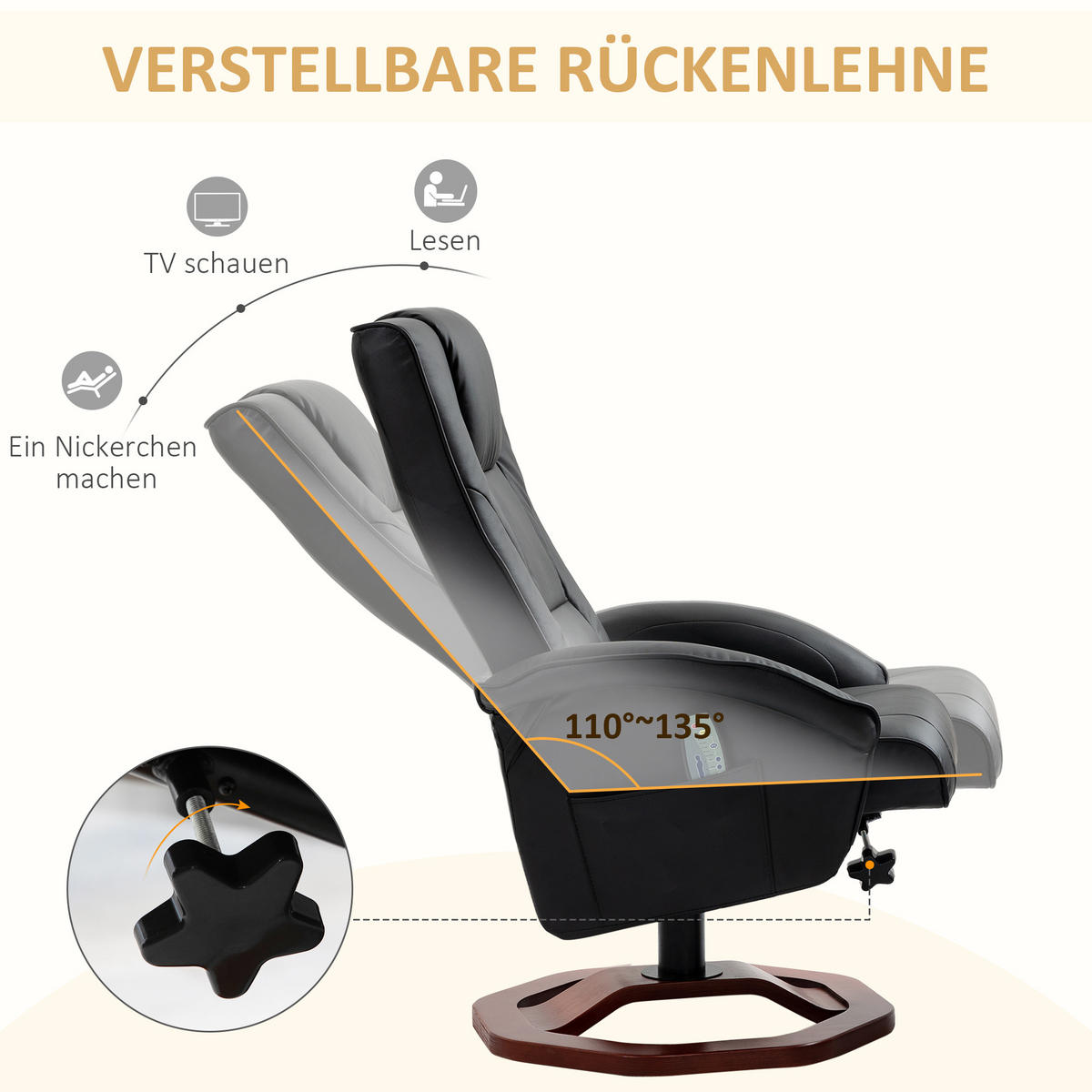 MASSAGESESSEL mit Hocker, Liegefunktion, Fernbedienung, bis 150 kg - Schwarz, Leder (83/106/73cm) - HOMCOM