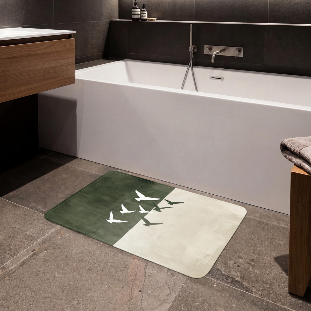 KOUPELNOVÁ PŘEDLOŽKA Japandi - Pták - Zelený 80x50 cm - olivově zelená, textil/plast (80/50cm)