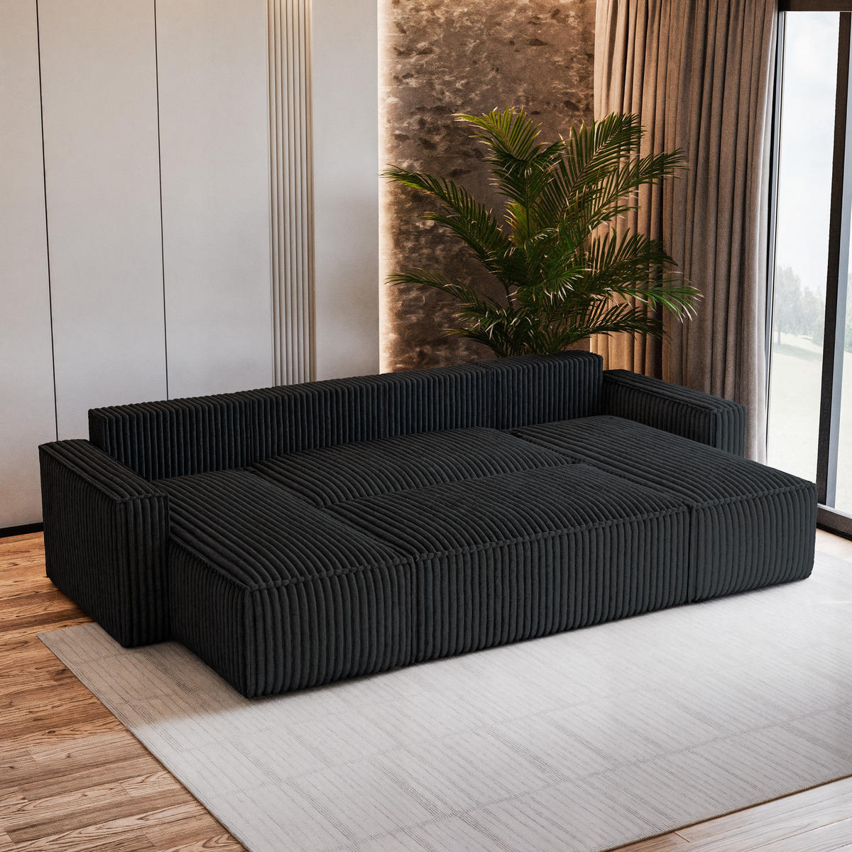 WOHNLANDSCHAFT PESANO T Schwarz Kordstoff mit Schlaffunktion - Schwarz, Holz (306/85/140cm) - MASSENO