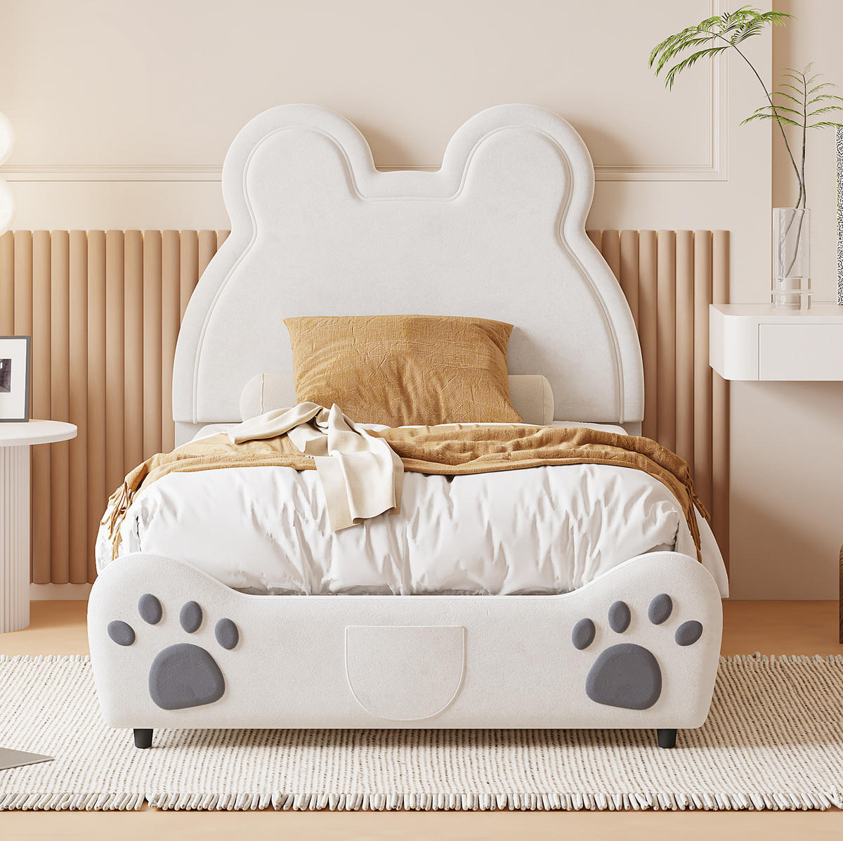 KINDER-POLSTERBETT 90/200 cm Weiß aus Samtstoff in Bärenform - Weiß, Textil (90/200cm) - OKMYHOME