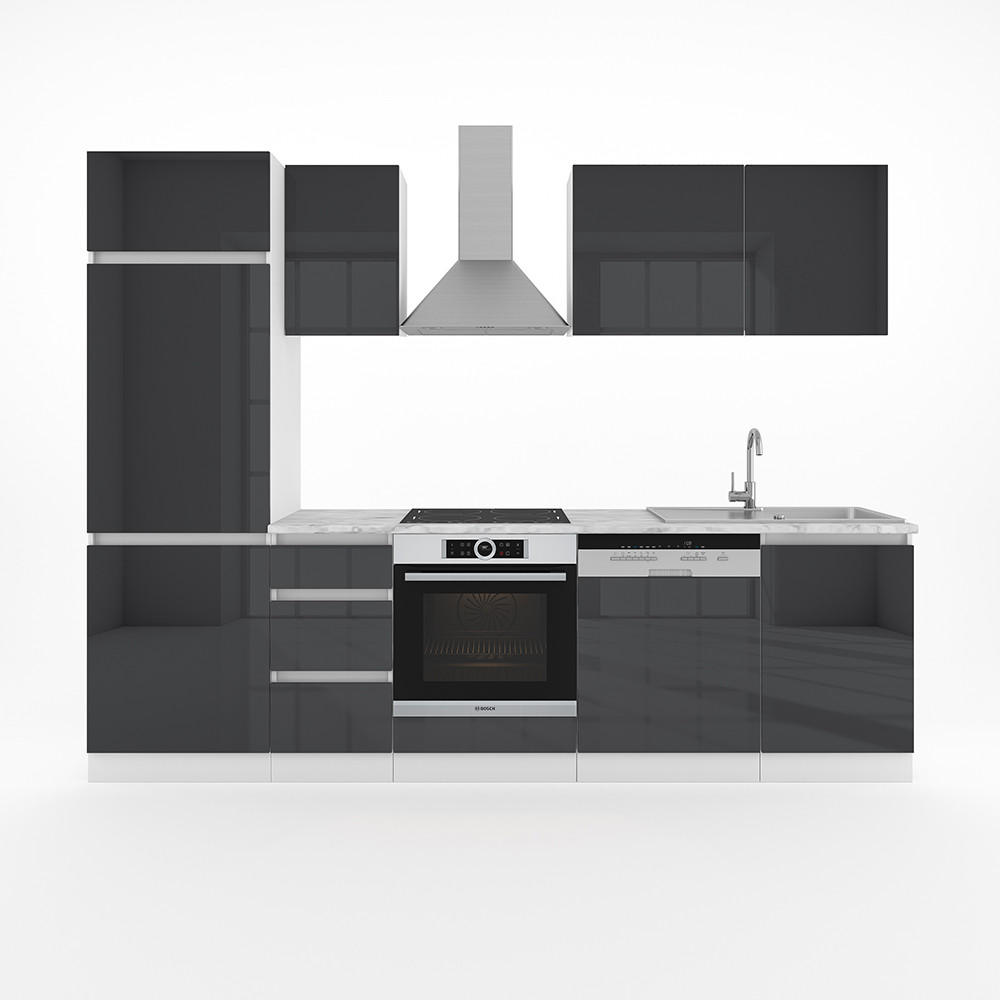 KÜCHENZEILE Optima Anthrazit Hochglanz 270 cm ohne AP grifflos mit LED-Leisten - Anthrazit/Weiß, Holzwerkstoff (270/81.6/46cm) - Vicco