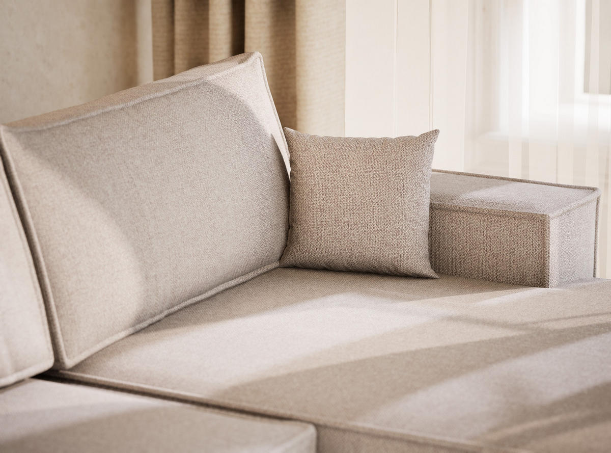 WOHNLANDSCHAFT Kyoto Hellbeige Webstoff - Beige/Schwarz, Holz/Holzwerkstoff (398/70/148cm) - Maison de Reve