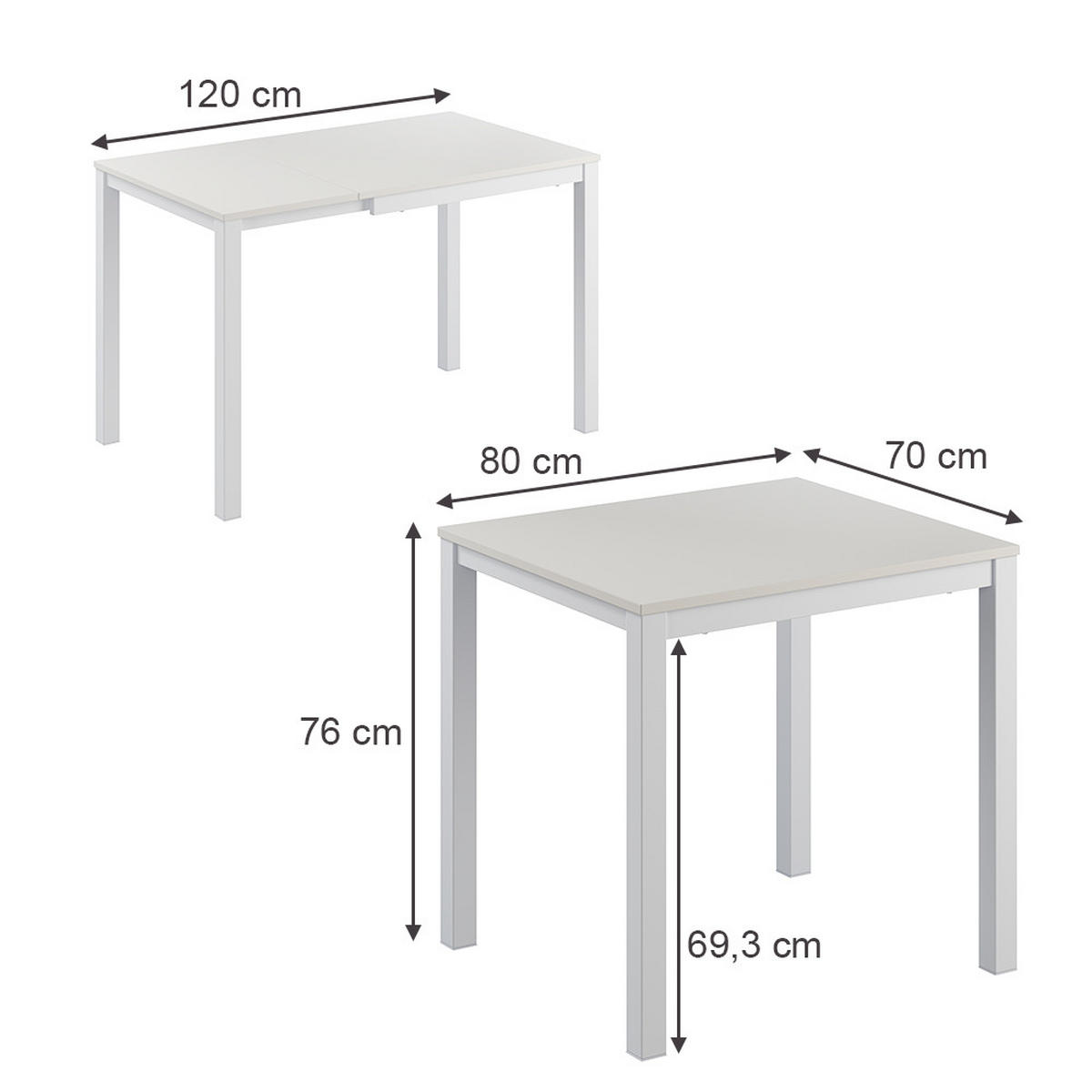 ESSTISCH Granny Weiß 120 x 70 cm ausziehbar - Weiß, Holzwerkstoff (70/120/76cm) - Vicco