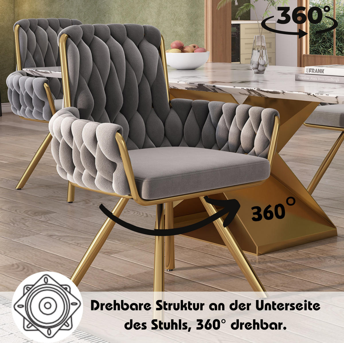 ESSZIMMERSTUHL drehbar mit Armlehnen Samt Grau 4er-Set - Grau, Metall (50/87/50.1cm) - Meubliv
