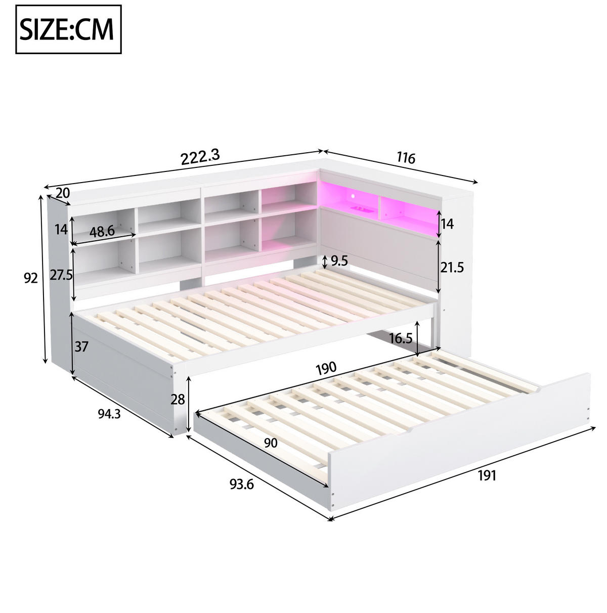 SCHLAFSOFA aus Holz 90x200 cm Weiß mit Ausziehbett, USB-Anschluss, LED-Beleuchtung und Stauraum - Weiß, Holzwerkstoff (90/200cm) - IVMEU