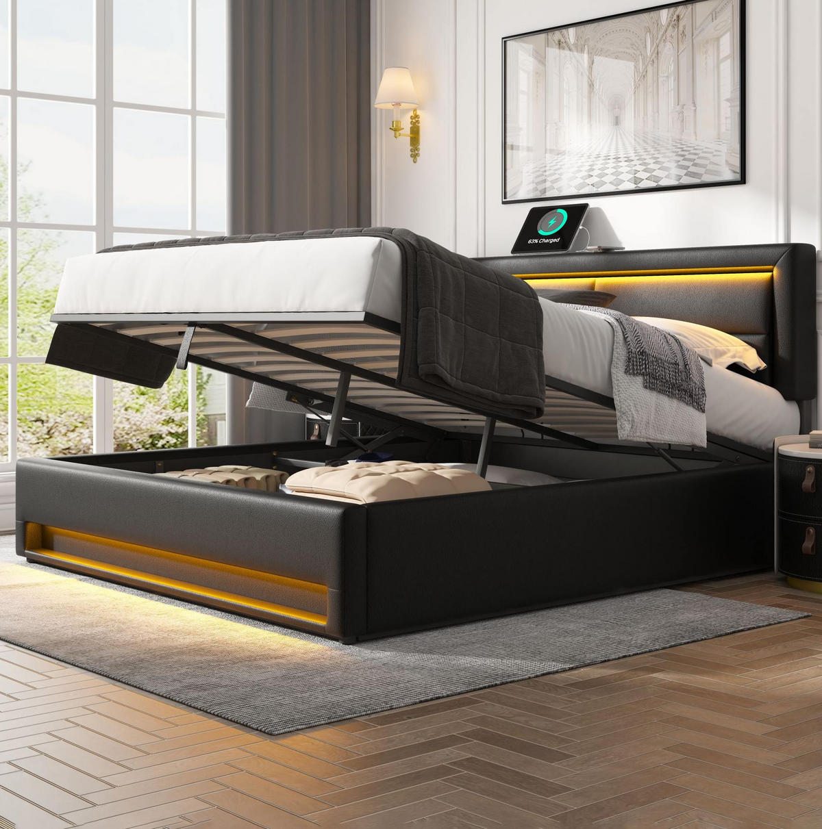 POLSTERBETT 140/190 cm schwarz aus PU mit LED, USB und Stauraum - Schwarz, Kunststoff (140/190cm) - OKWISH