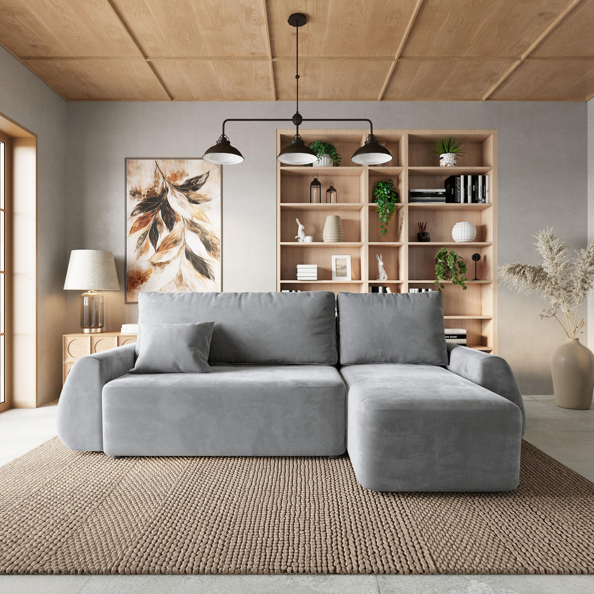 ECKSOFA GALVIS Hellgrau Velours-Stoff mit Schlaffunktion - Hellgrau, Holz (256/156cm) - MASSENO