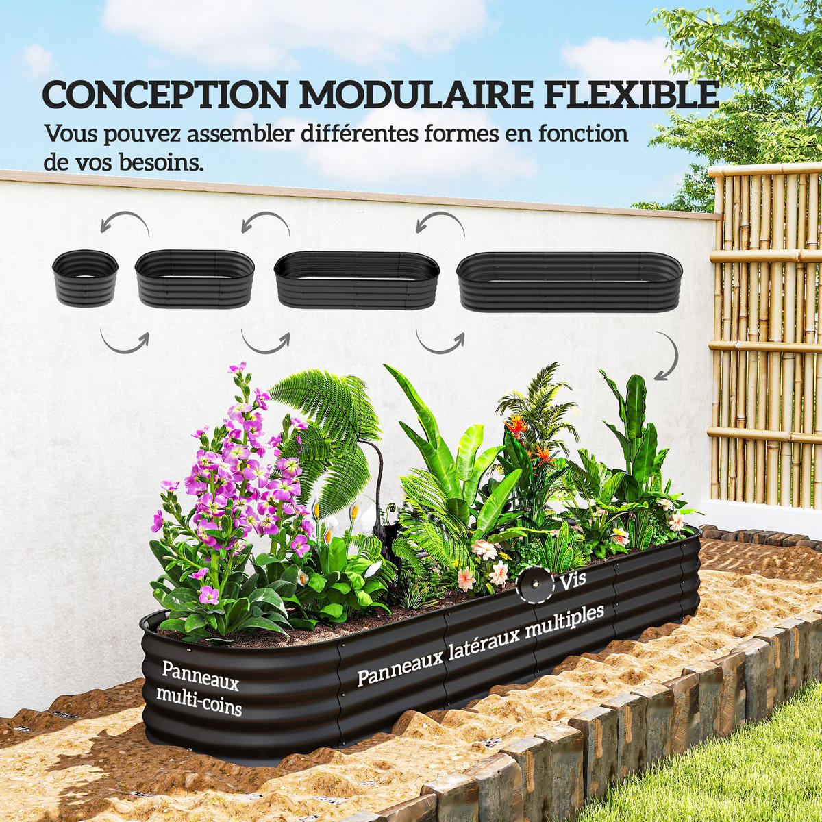 HOCHBEET DE-12150 modular 240/62/30 cm mit Gummikante Anthrazit - Schwarz, Metall (240/30/62cm) - ComfortXL
