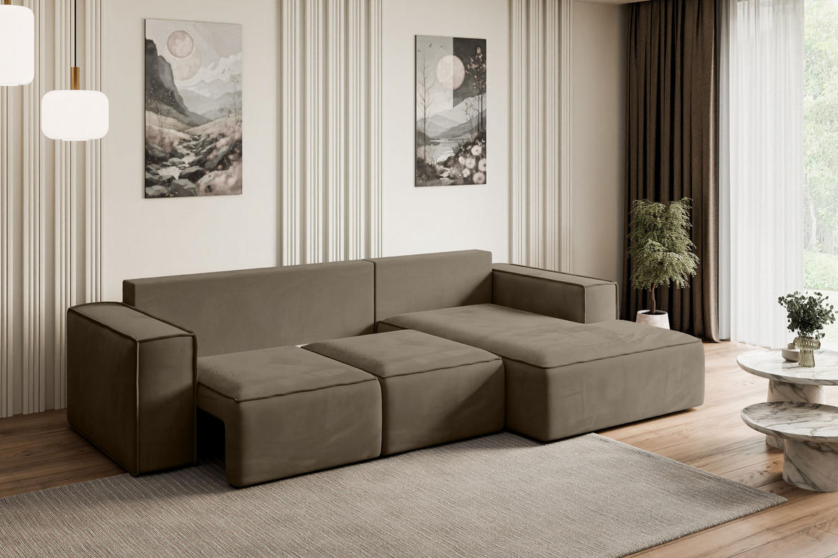 ECKSOFA mit Schlaffunktion und Bettkasten SERRA-L-S - 266x161x87 cm Braun Velours - Schwarz/Braun, Holzwerkstoff/Kunststoff (266/161cm) - ALTDECOR