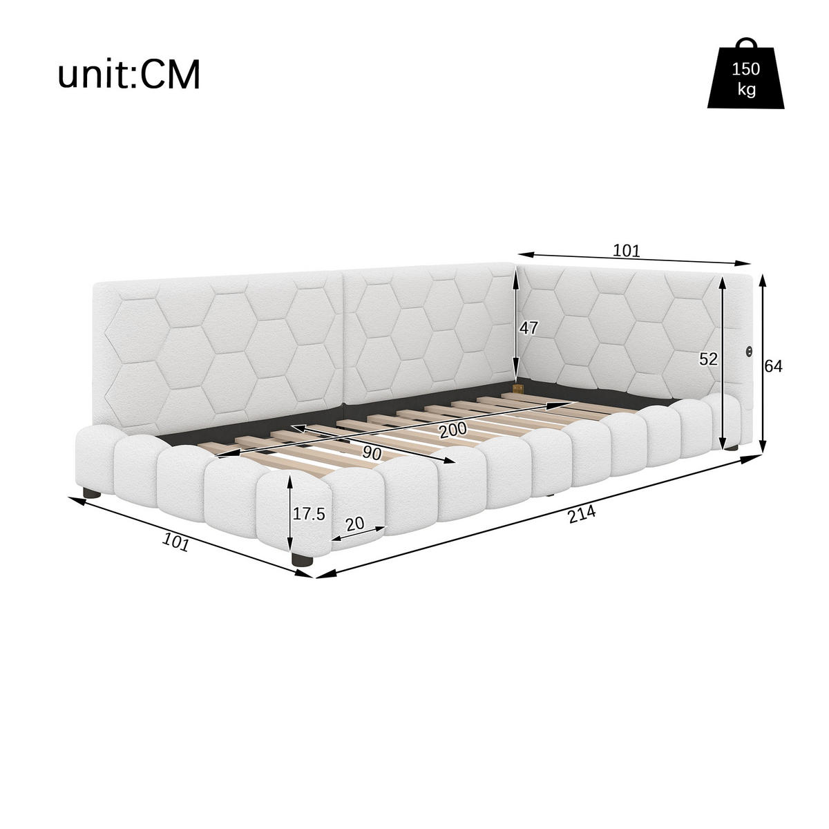 POLSTERBETT 90/200 cm Weiß mit USB- und Type-C-Anschlüssen und LED-Beleuchtung - Weiß, Textil (90/200cm) - OKWISH