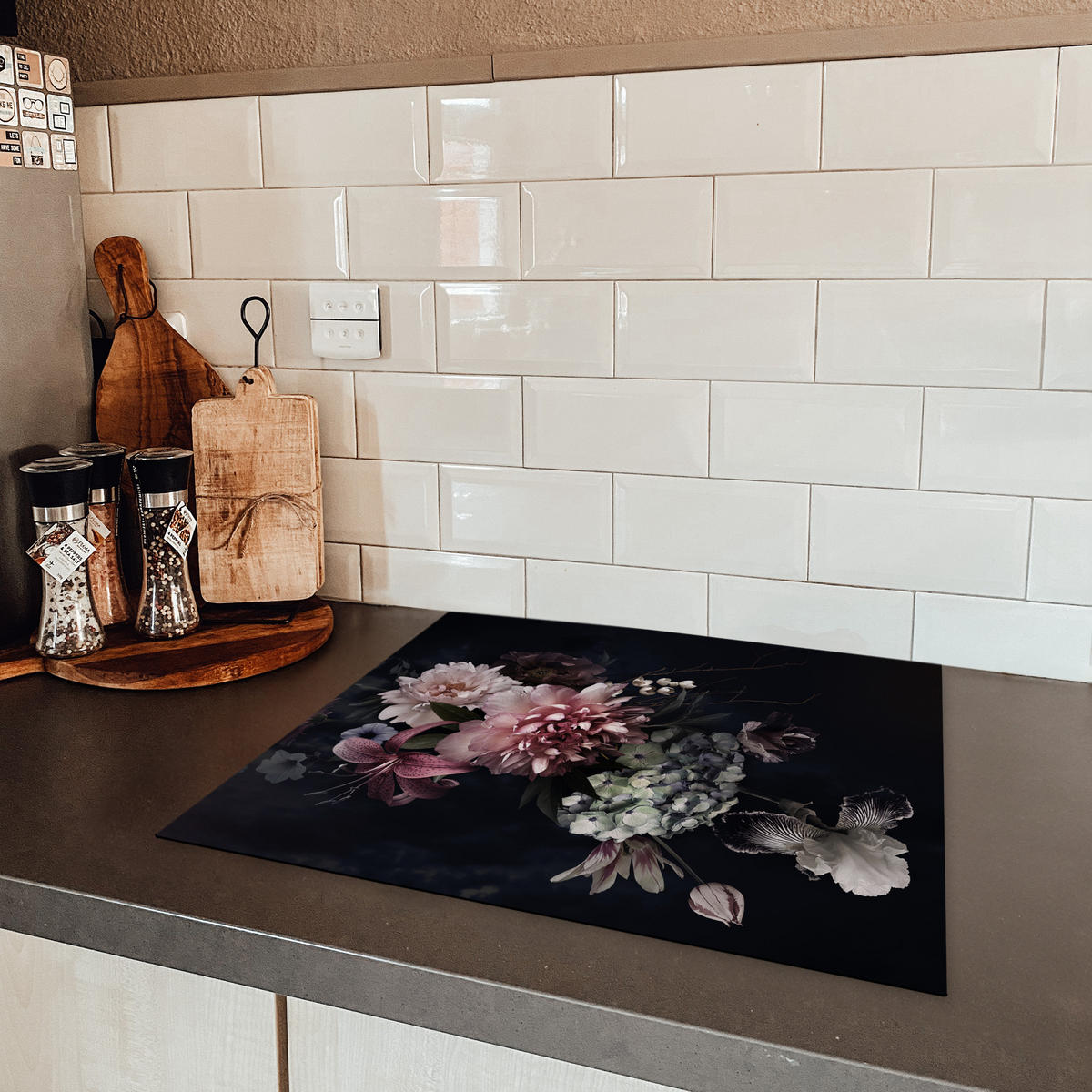 HERDABDECKPLATTE Blumen - Vintage - Pastell - Rosa - Weiß 59x51 cm - Altrosa, Kunststoff (59/51/0.2cm) - MuchoWow