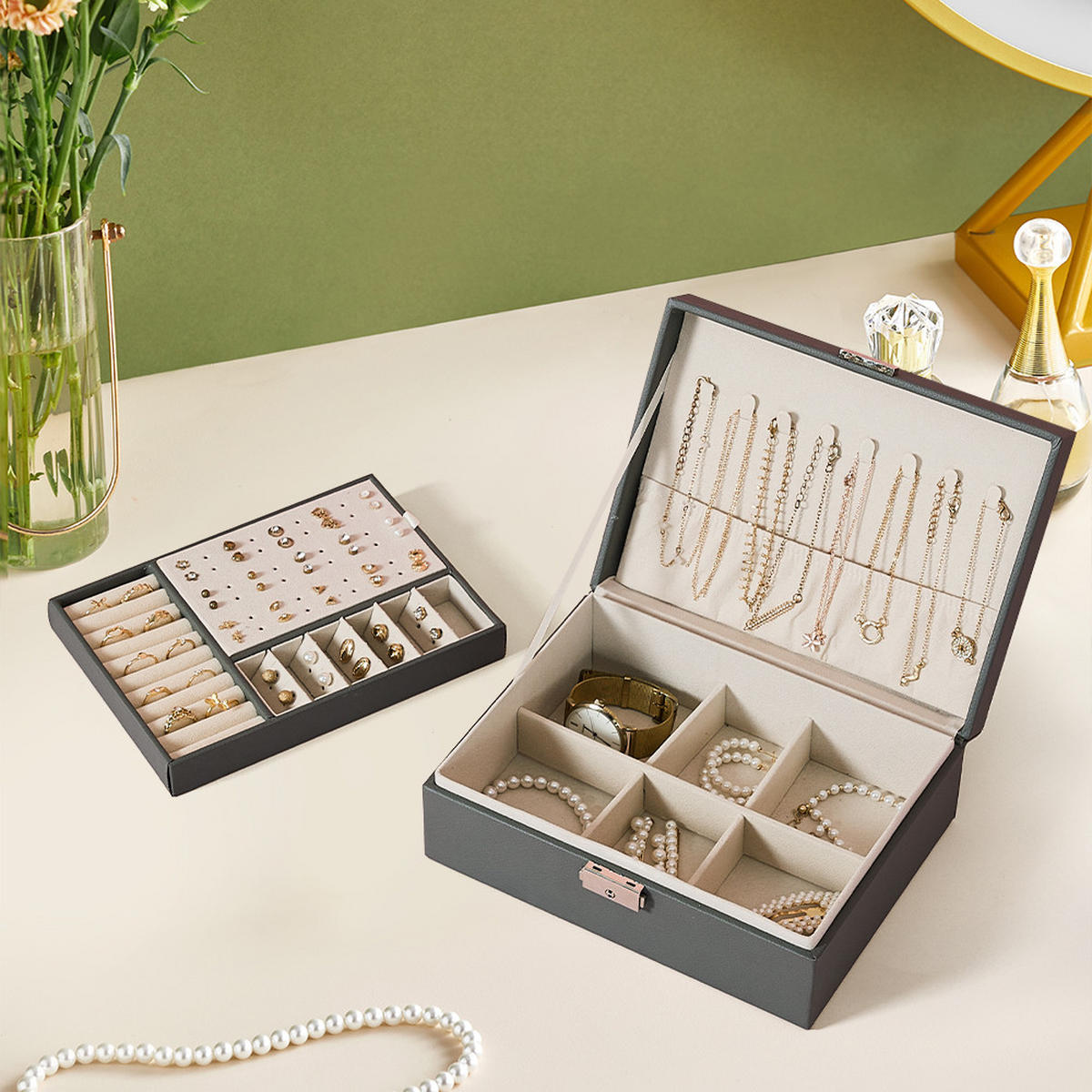 SCHMUCKKÄSTCHEN 23/17/9 cm Zweistöckig Schloss PU-Leder Samtfutter Grau - Grau, Leder/Textil (23/9/17cm) - Livingandhome