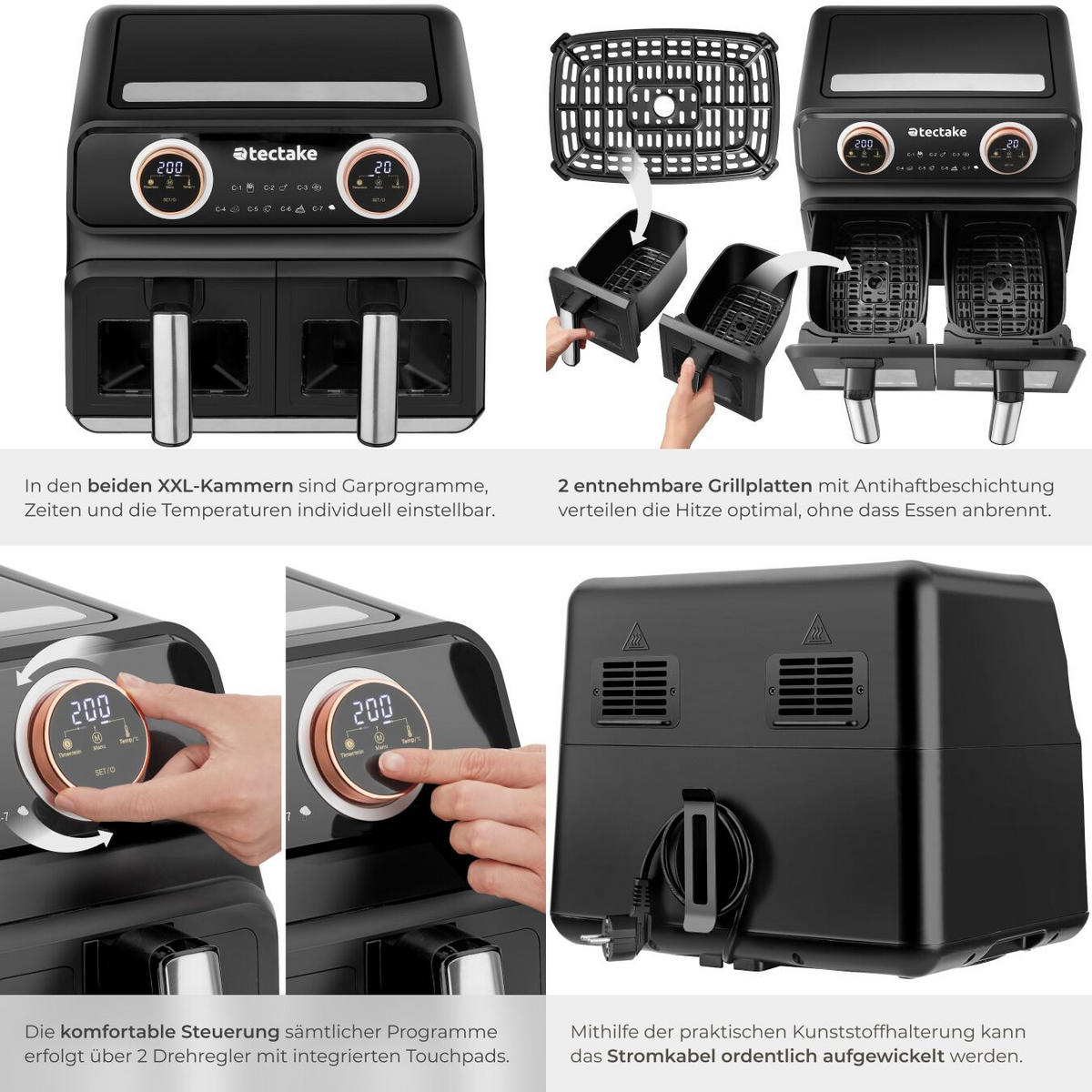 HEISSLUFTFRITTEUSE Samurai, 37,5 x 39 x 31,5 cm, inklusive Rezeptheft, schwarz - Schwarz, Kunststoff (37.5/31.5/39cm) - tectake