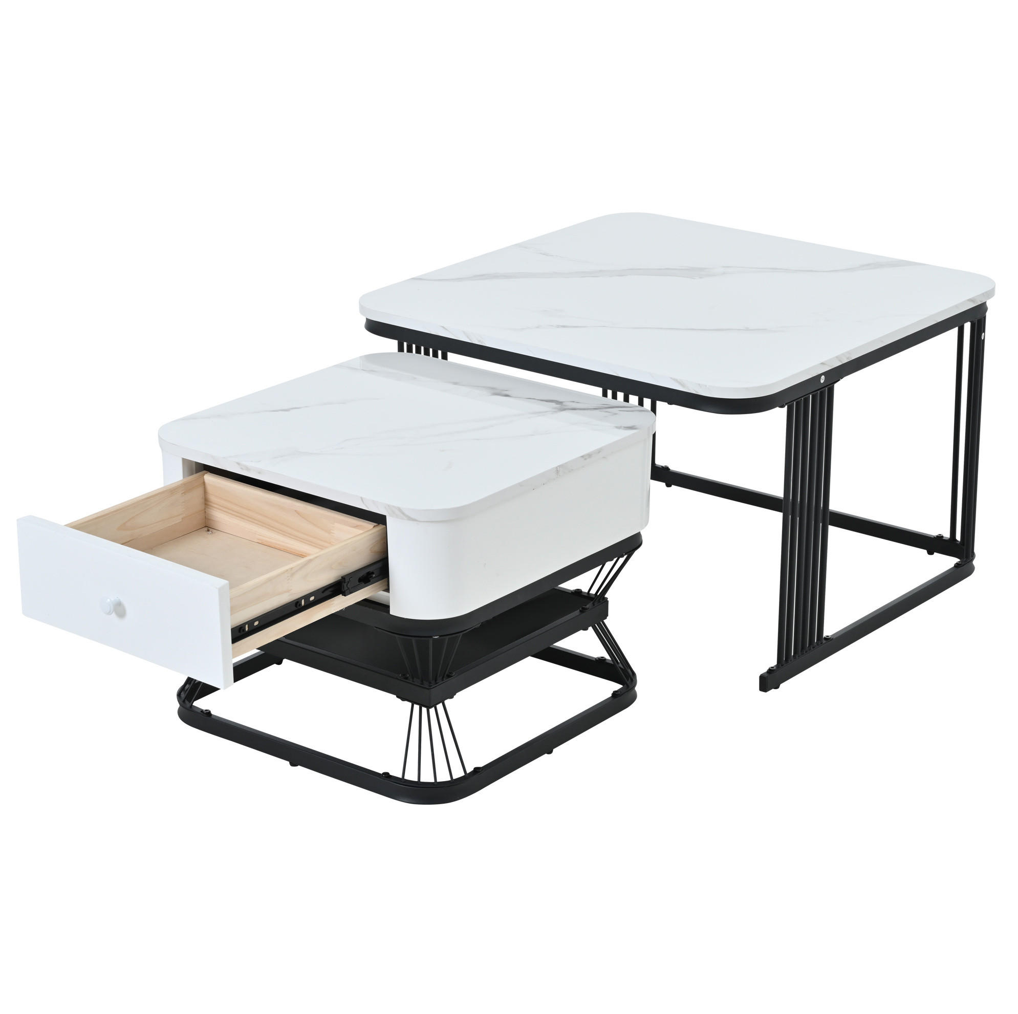Modfu SADA konferenčních stolků z MDF a kovu 70x70x45 + 50x50x40 cm bílá/černá s 1 zásuvkou a vysokým leskem