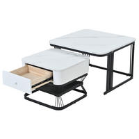 COUCHTISCH-SET aus MDF und Metall 70x70x45+50x50x40 cm Weiß/Schwarz mit 1 Schublade und Hochglanz-Kunstmarmor - Weiß, Glas (70/70/45cm) - Modfu
