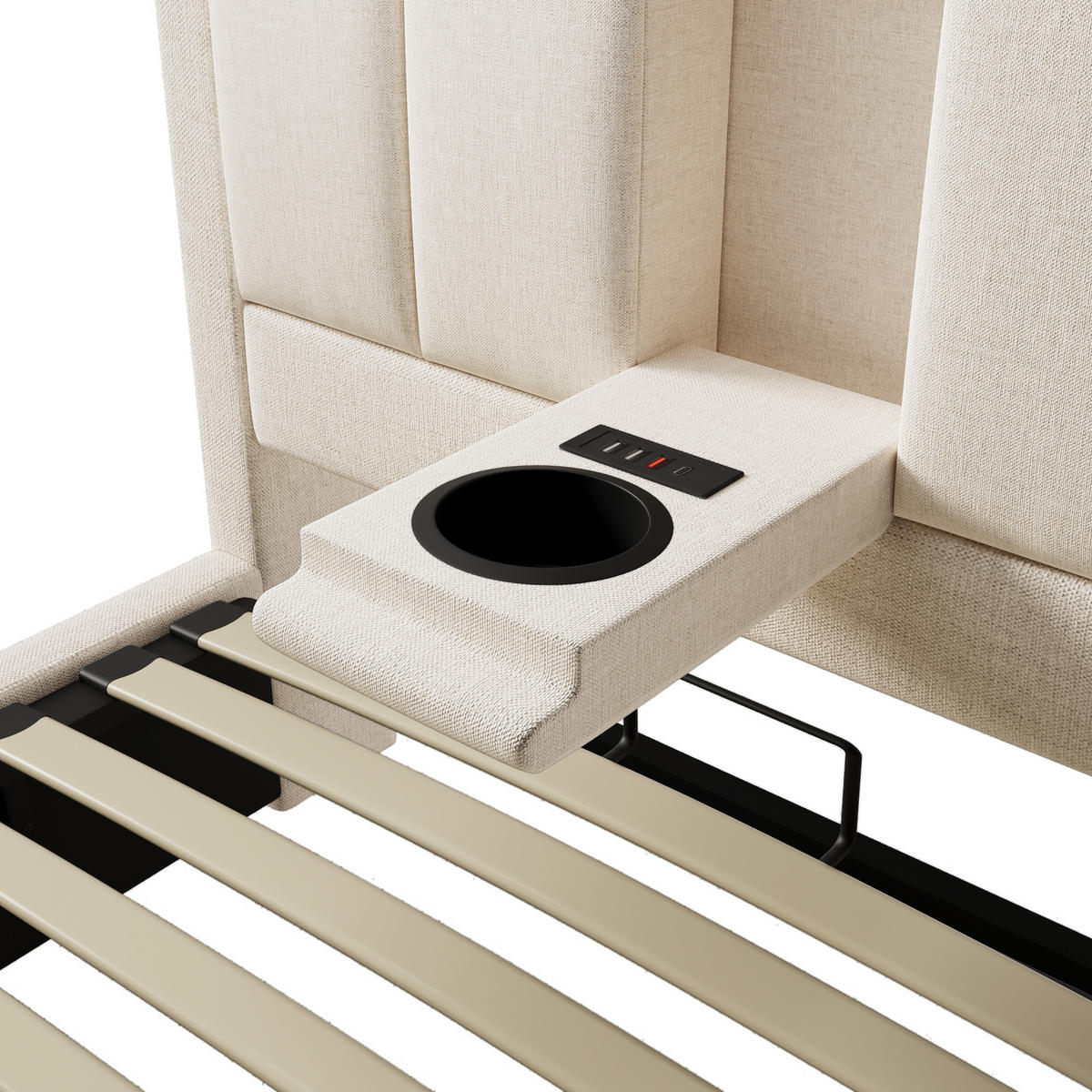 POLSTERBETT aus Leinen 90x200 cm in Beige mit Ladestation & Matratze - Beige, Textil (90/200cm) - Modfu