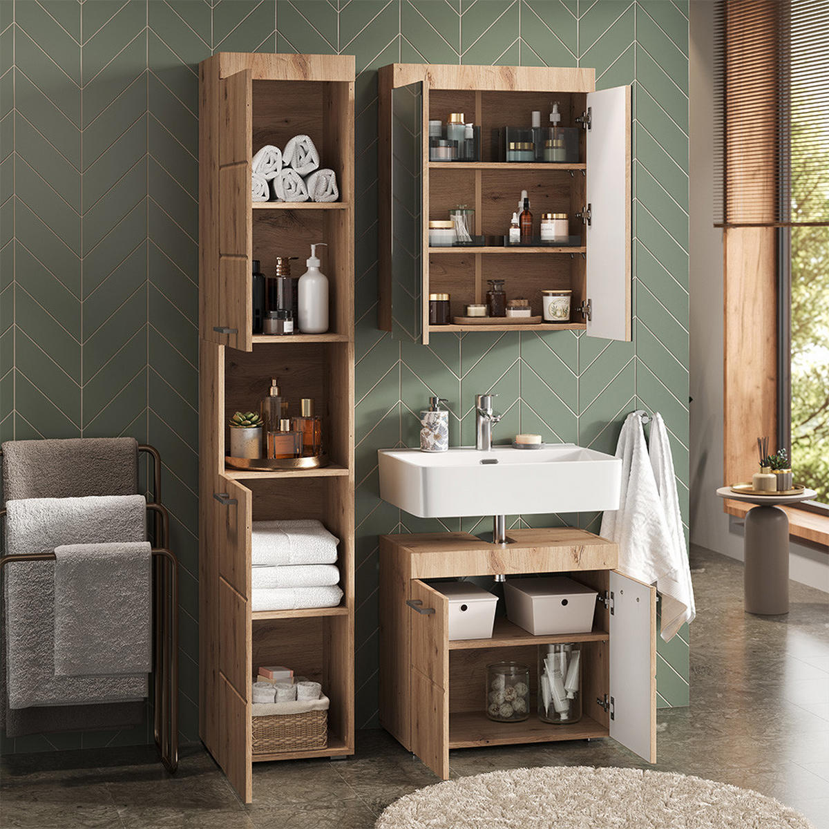 SADA NÁBYTKU DO KOUPELNY Luna Dub Wotan - dub Wotan, kompozitní dřevo (60/56/34cm) - Vicco