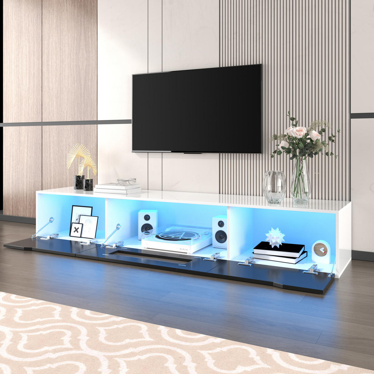 TV-ELEMENT180CM Schwarz Weiß Hochglanz mit 16FarbenLED Rillendesign - Weiß, Holz (46/17/142cm) - Raelunyi