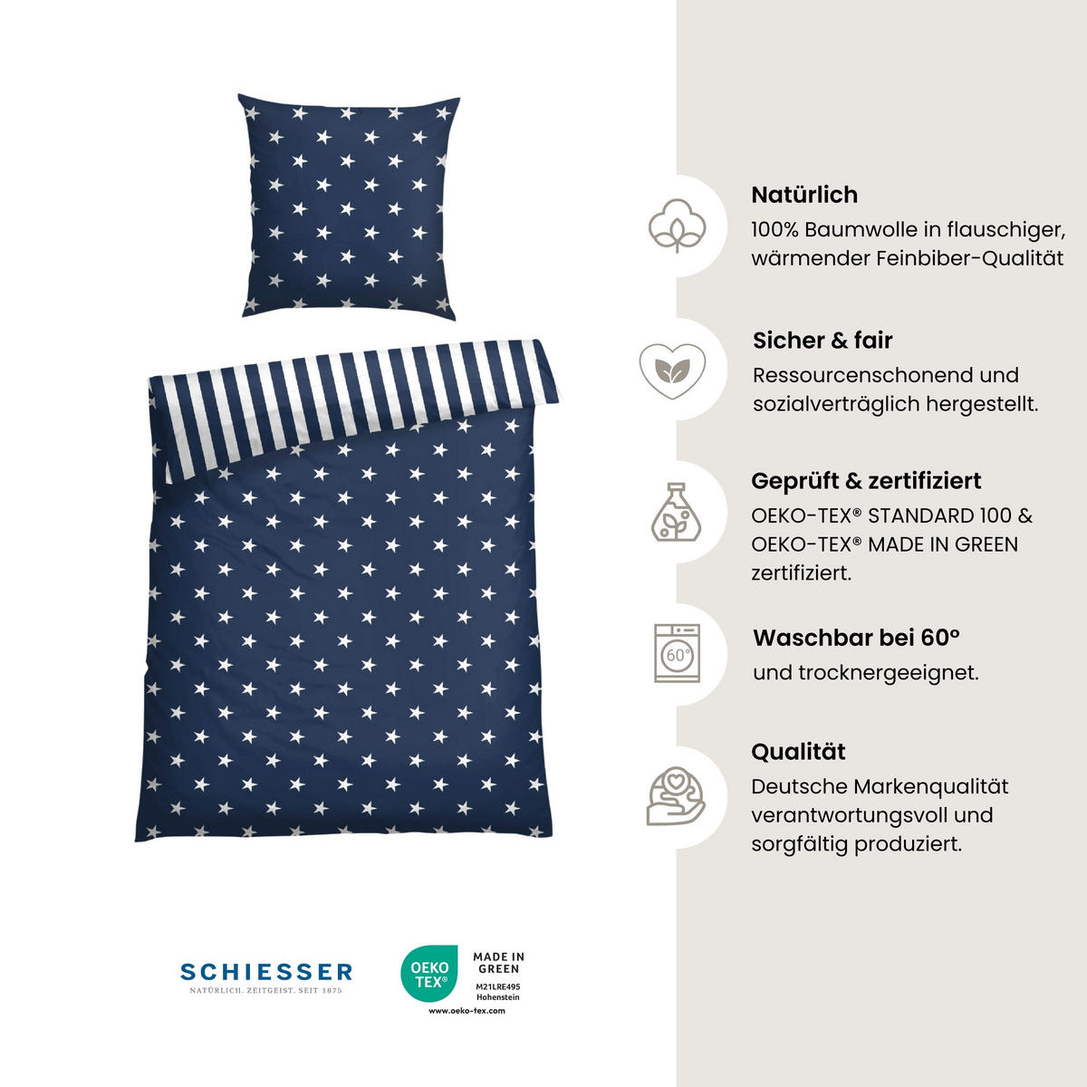 BETTWÄSCHESET Sterne - Feinbiber - 2-teilig - 155 x 220 cm - Blau - Blau, Textil (155/220cm) - SCHIESSER