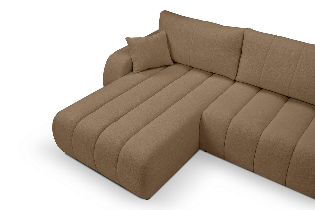 ECKSOFA GIOIA L-S Braun Boucle-Stoff mit Schlaffunktion - Braun, Holz (276/176cm) - MASSENO