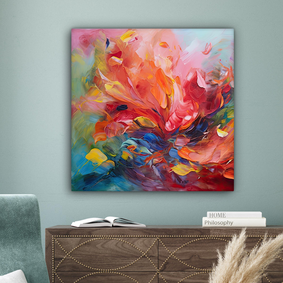 LEINWANDBILD Ölgemälde - Kunst - Abstrakt - Farbenfroh 90x90 cm - Altrosa, Textil (90/90cm) - MuchoWow
