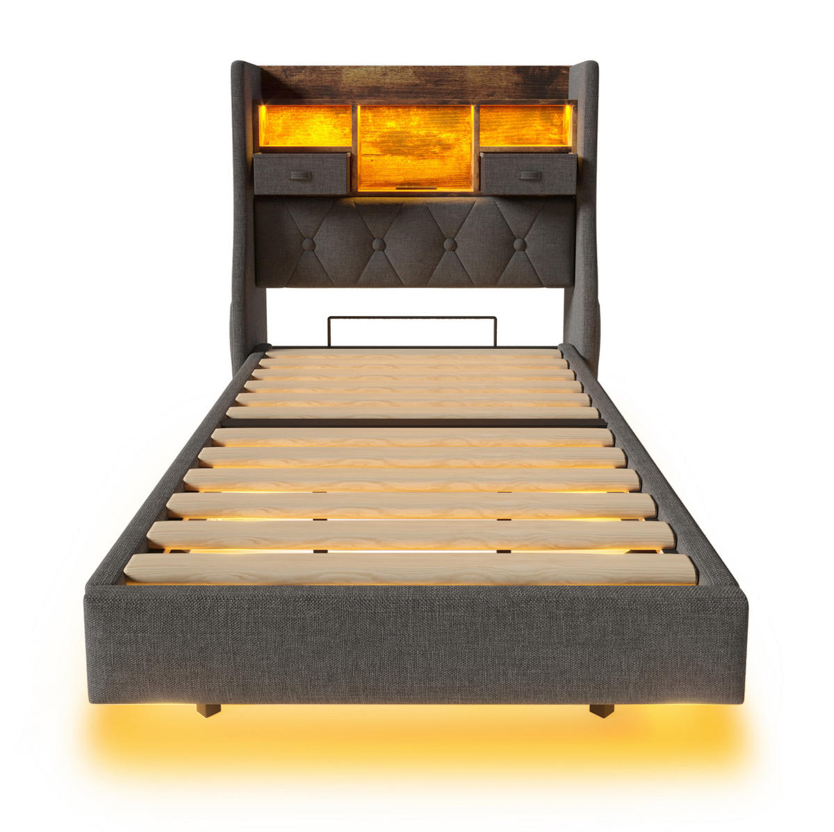 POLSTERBETT aus Leinen 90x200 cm Grau mit LED-Beleuchtung, Ladestation und Stauraum-Kopfteil - Grau, Textil (90/200cm) - IVMEU