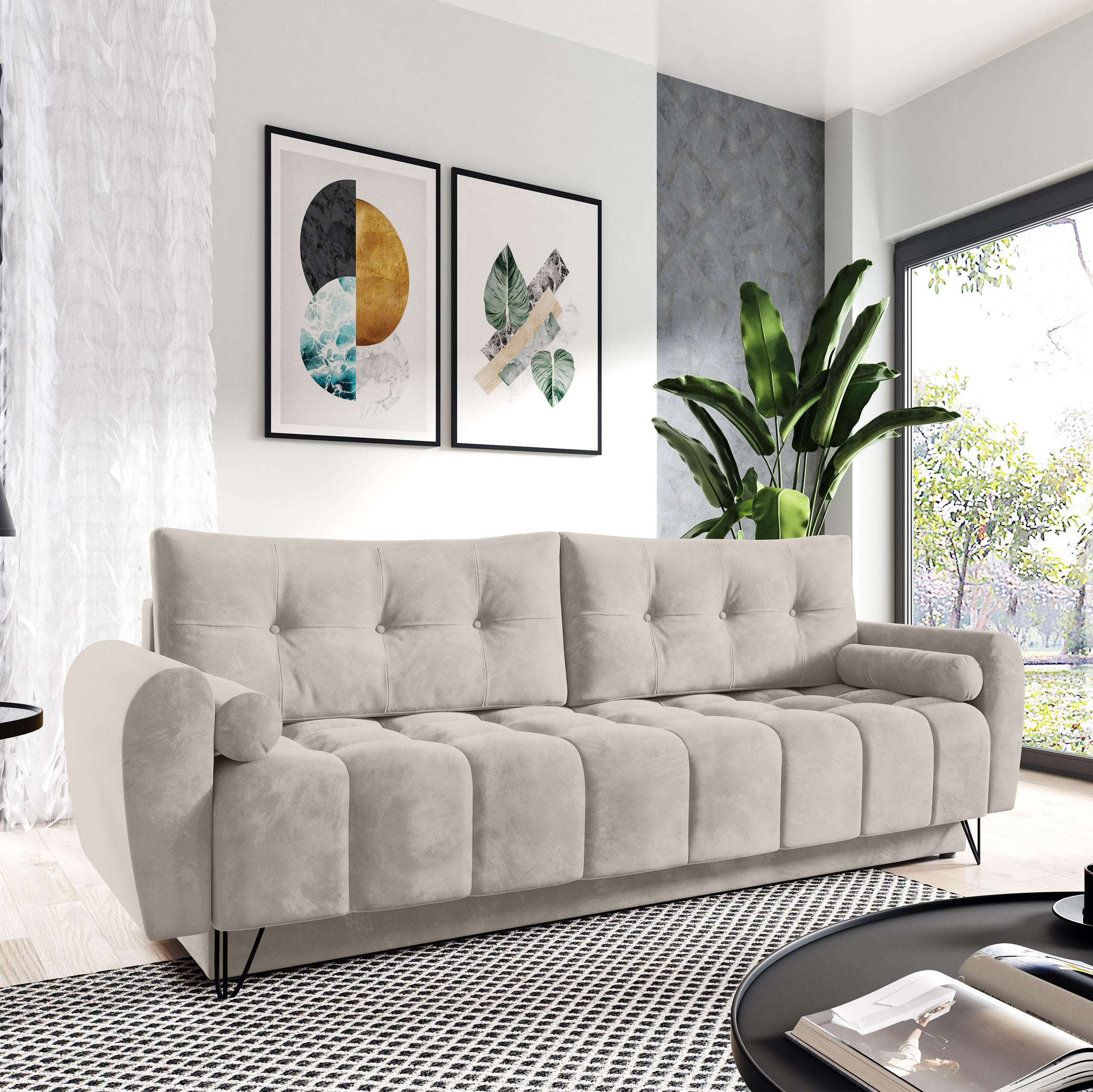 SCHLAFSOFA Malaga 3-Sitzer, Beige - Beige/Schwarz, Textil (223/93/100cm) - Beautysofa