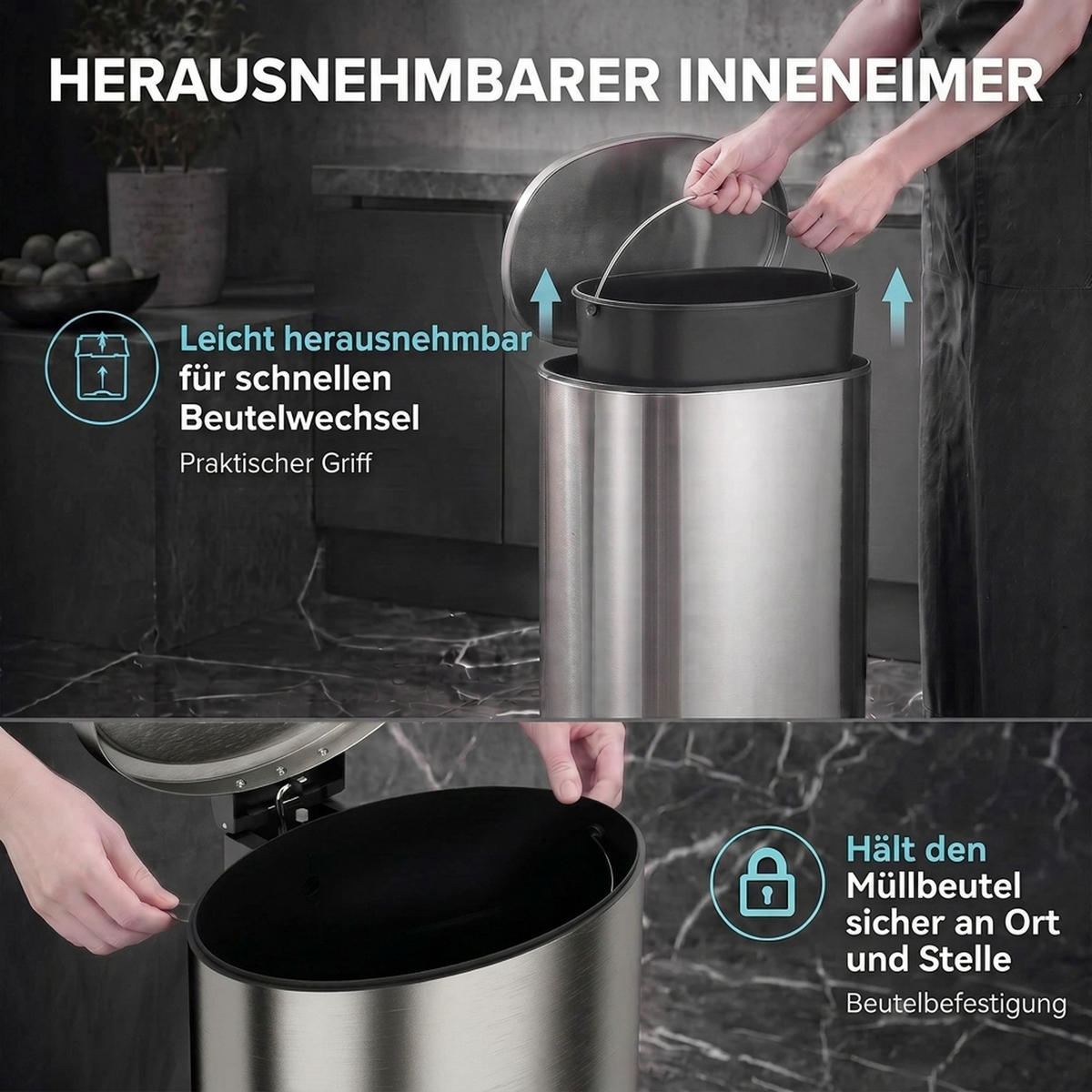 KÜCHENMÜLLEIMER ABS Edelstahl 410 Silber - Silberfarben, Metall (34.5/64.2/33.5cm) - HOMCOM