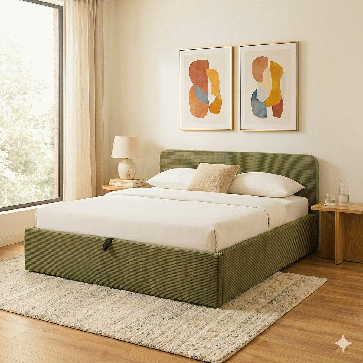 BETT mit Bettkasten 160 x 200 cm mit Kopfteil aus khakifarbenem Cord 170/88/215 cm - Grün, Holz (200/160cm) - Calicosy