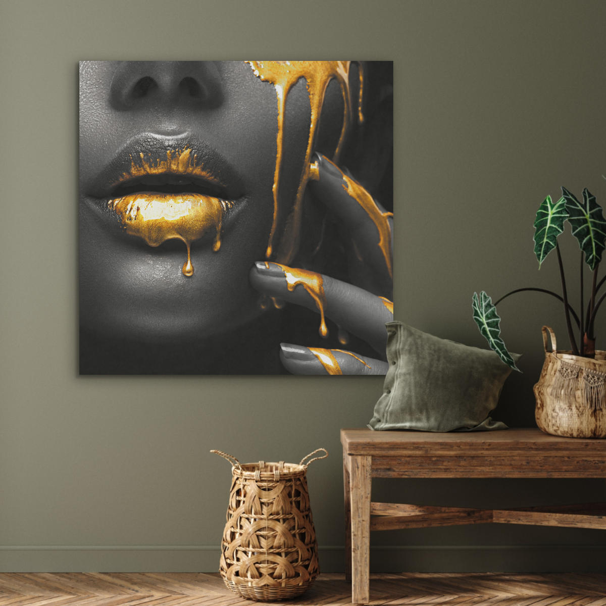 AKUSTIKPANEEL Frau - Schwarz - Gold - Gesicht - Lippen 90x90 cm - Goldfarben, Textil (90/0.9/90cm) - MuchoWow