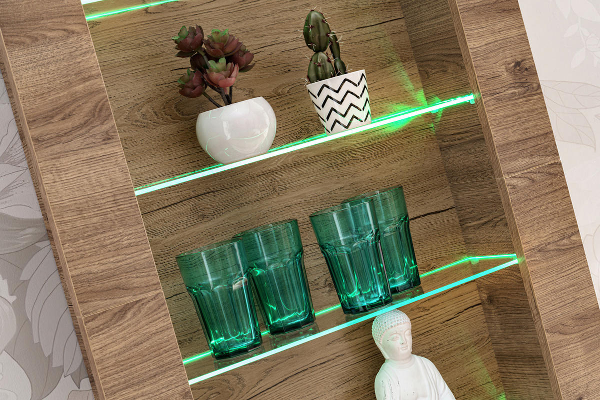 HÄNGEVITRINE COMO, sechs Glasböden, LED mehrfarbige Beleuchtung, Honigeiche/Trüffeleichefarben - Honigeiche/Trüffeleichefarben, Glas/Holzwerkstoff (71/178/19cm) - Komodee