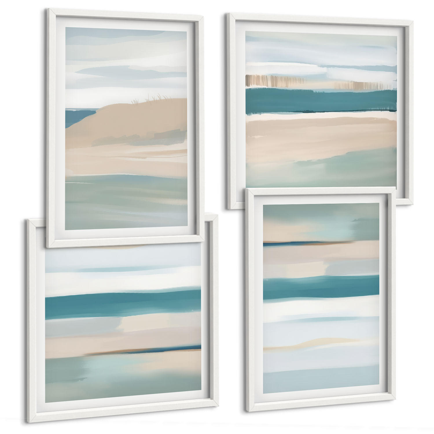 BILDER SET 4er Set - 50x50 cm & 40x60 cm Weißer Rahmen - Abstrakte blaue Landschaften - Weiß, Kunststoff (50/50cm) - TULUP