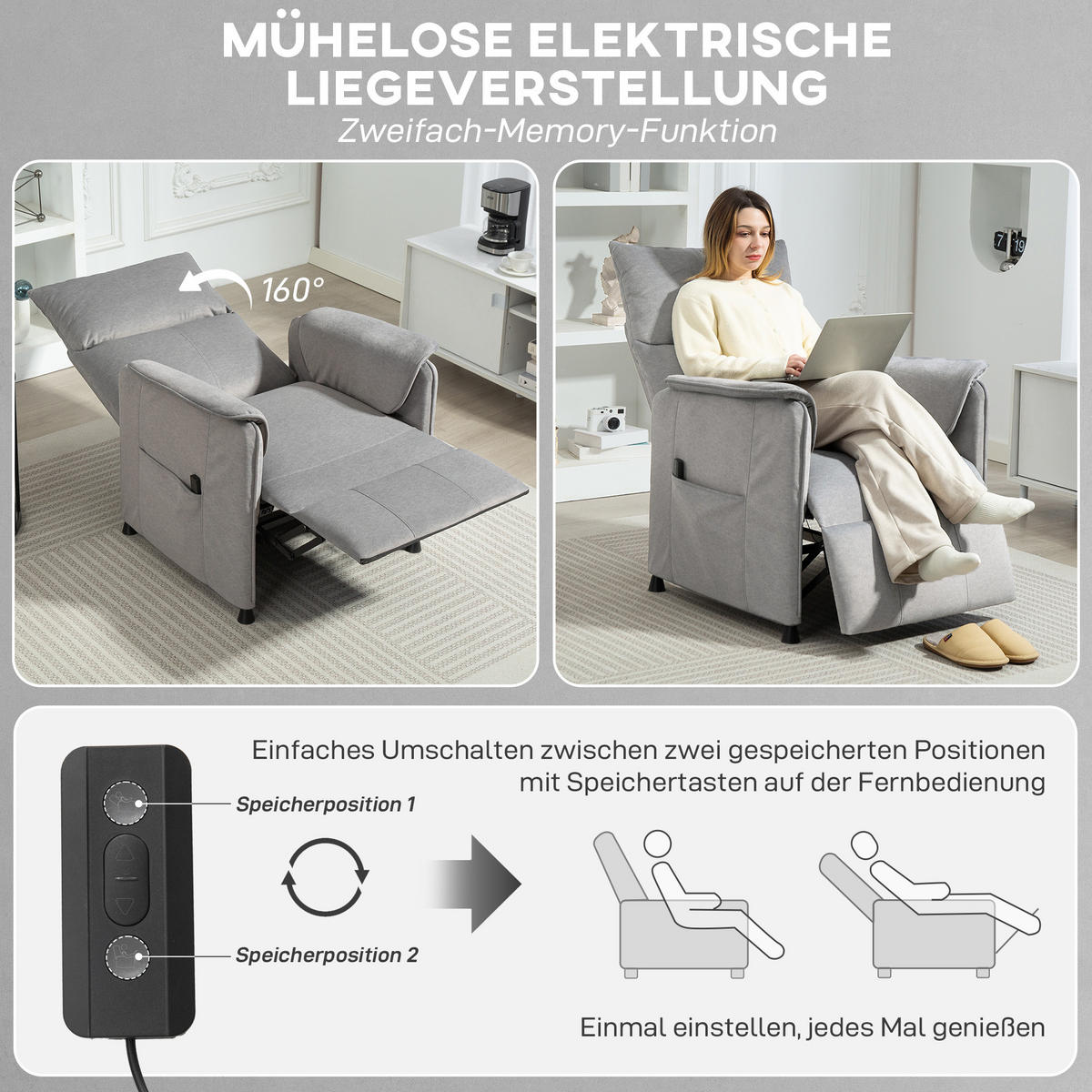 RELAXSESSEL Elektrisch Fernsehsessel mit Liegefunktion, Bürstenloser Motor Grau - Grau, Kunststoff (80/104/83cm) - HOMCOM