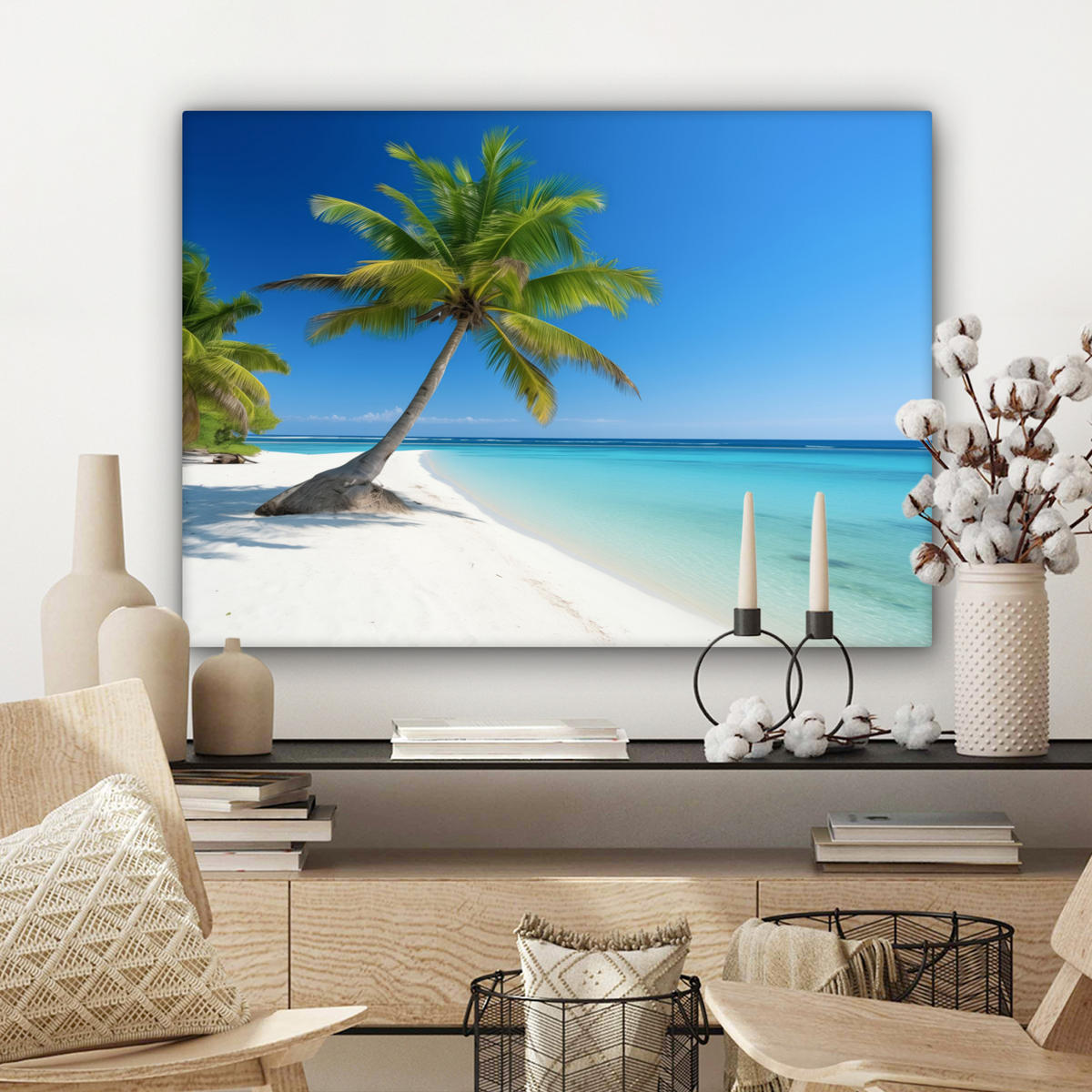 OBRAZ NA PLÁTNĚ Pláž - palma - tropická - moře 80x60 cm - zelená barva, textil (80/60cm) - MuchoWow